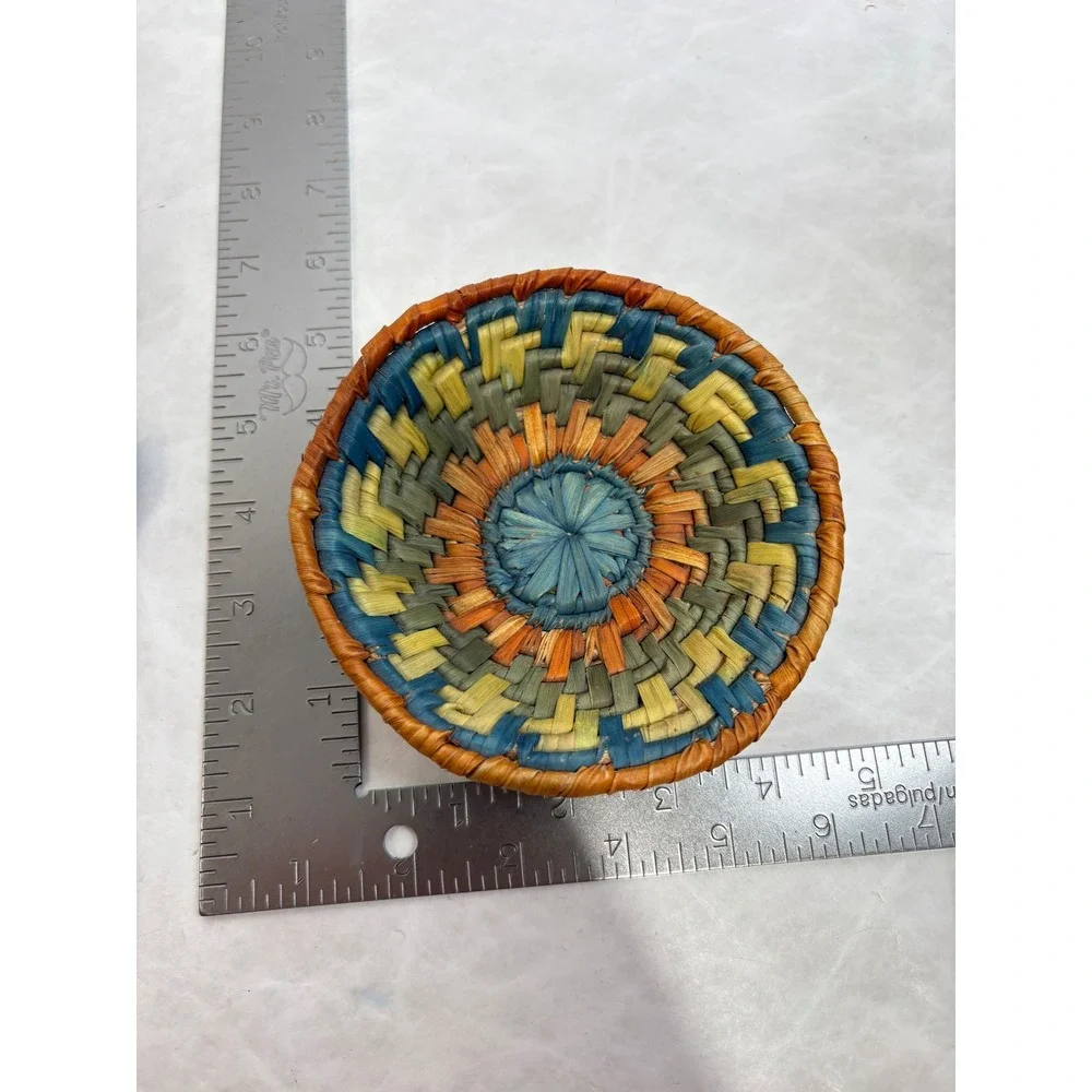 Miniature Handwoven Coiled Basket Bowl Multi Color Boho Decorative Small 4 Inch